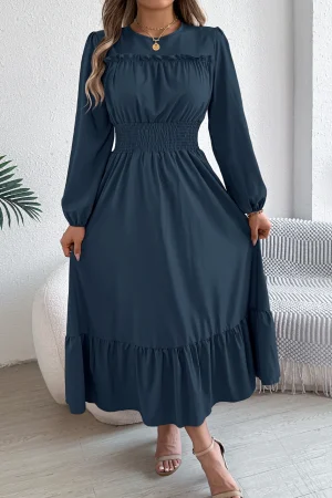 Autumn and Winter Casual Elegant Solid Color Round Neck Long Sleeved Waist Cinched Lotus Leaf Edge Dress Women Clothing