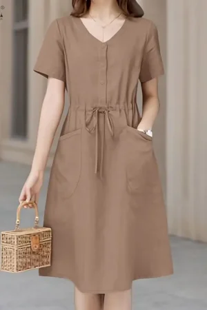ZANZEA Women Summer Dress 2026 Elegant Solid Work Dresses Casual V Neck Short Sleeve Sundress Drawstring Waist Midi Robe Vestido