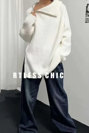 Women's Turtleneck Zipper Oversize Fashion Women Sweaters 2025 Autumn Knitwears Loose Thick Warm High Neck Solid Pullovers Women