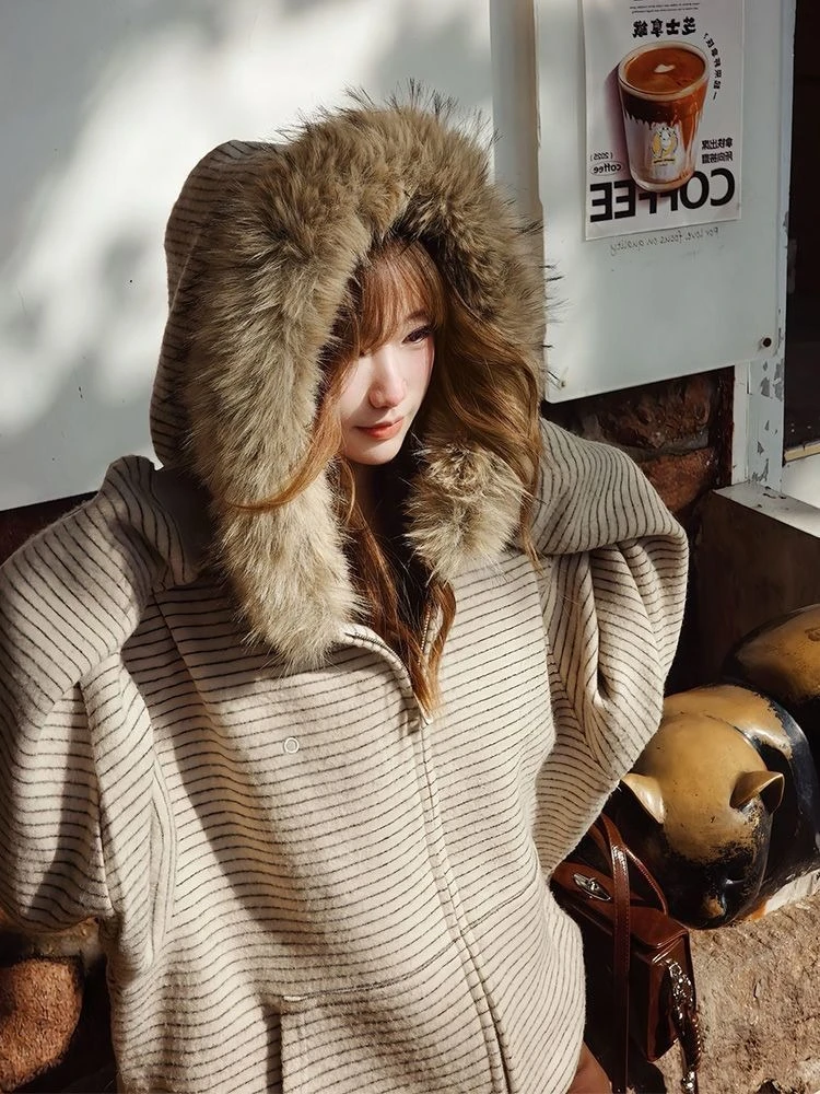American Vintage Long Sleeve Hoodie Women Harajuku Casual Striped Sweatshirt Zipper Streetwear Faux Fur Sweet 2025 Autumn - Image 5
