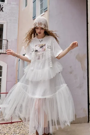 ELFSACK 2025 Summer New Arrival Sweet Cool Princess Dress Set Mesh Splicing Printed T-Shirt Women'S Long Dress Two Pieces