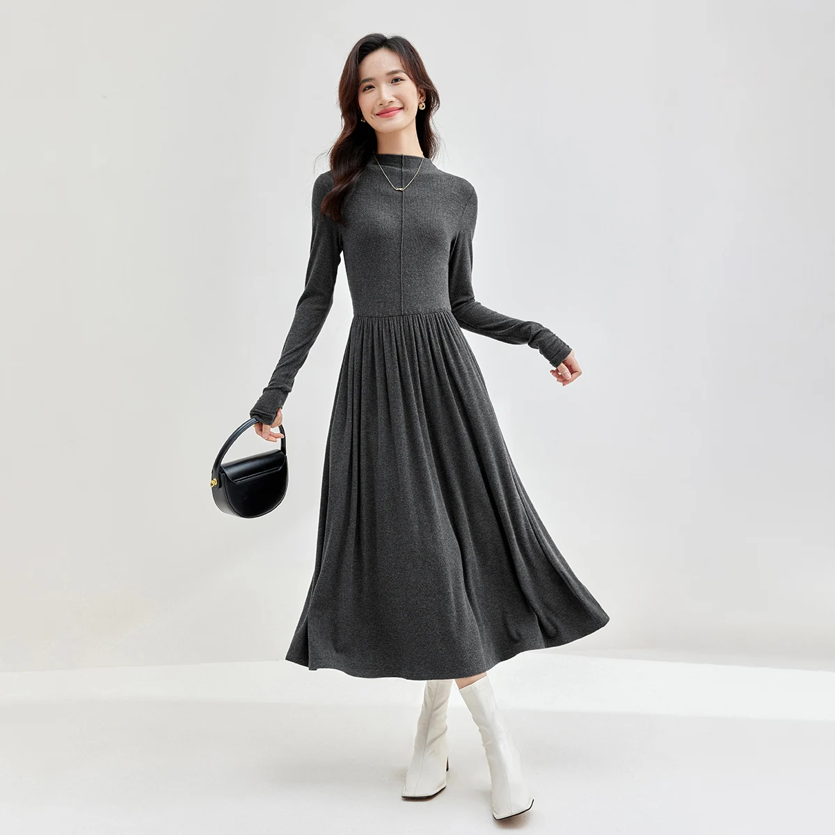 SENTUBILA Women's Dress 2025 Winter Retract Waist Half High Neck Shirring Knitted Long Dresses Elegant Woman Clothes 154LG3633X - Image 5