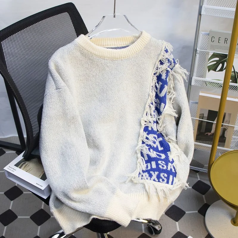 Raw Edge Patchwork Sweater Design, Trendy Brand Loose Pullover Top - Image 2