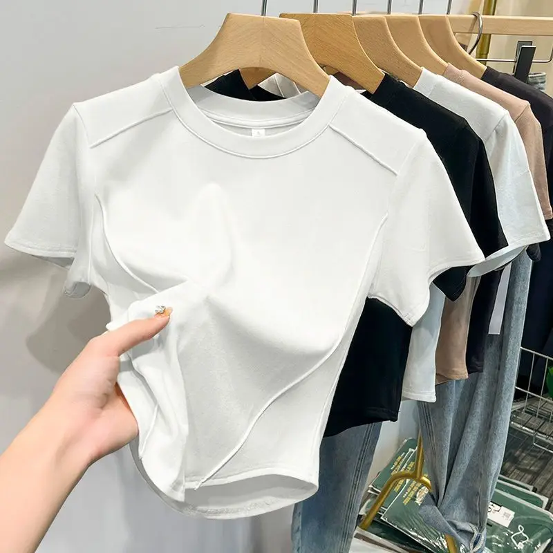 2026 Summer White T-shirt Cotton Female Short-sleeved Student Versatile Slim T-shirt Harajuku Crop Top Trend - Image 2
