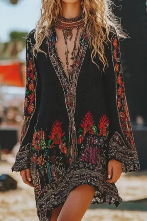 Fashion Boho Print Dress For Women Casual Long Sleeve V Neck Pullover Loose Dresses Lady Holiday Beach Women's Clothing Summer