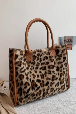Women Soft Plush Hand Bag New Winter Leopard Cow Print Tote Bags Female Pu Leather Underarm Bags Furry Fluffy Shoulder Bag
