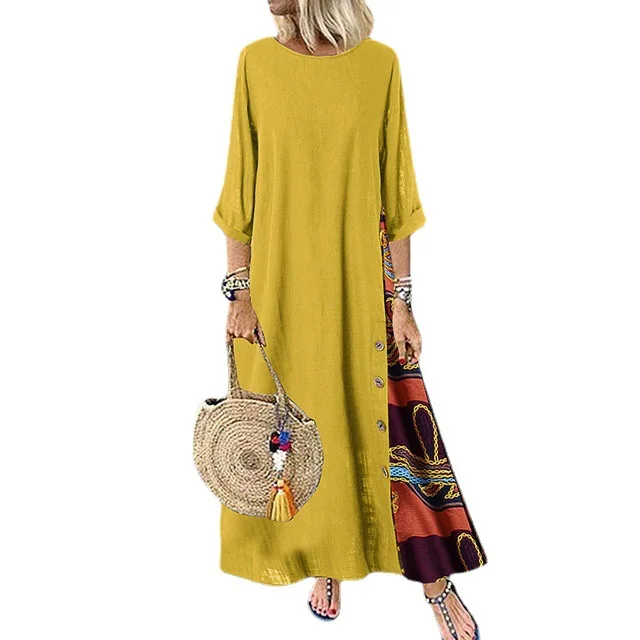 Cotton Linen Vintage Long Dresses Women Three Quarter Sleeves Splicing Print Loose A-line Dress Fashion Casual Lady Maxi Vestido - Image 4