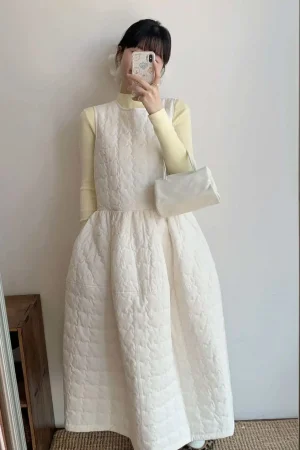 Korean Style Cotton Padded Sleeveless Vest Dress For Women's Fall Winter Design Temperament Loose Back Strap Quilted Dress w1458