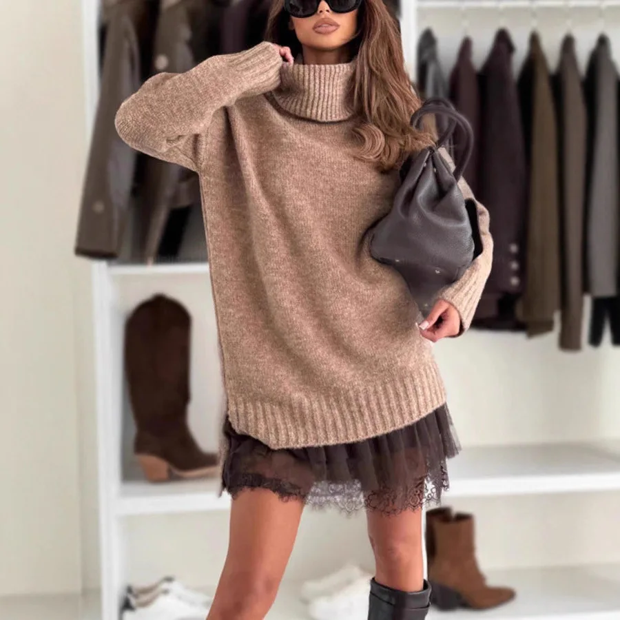 New Women's Dress 2-piece Knitted Sweater Turtleneck Lace Loose Fashionable Drop Shoulder Long Sleeve Female's Mini Skirt - Image 2