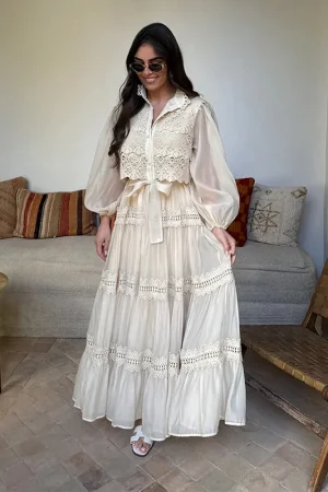 Elegant Hollow Out Women's Long Dresses Lantern Sleeves Lace Up Pearl Single Breasted Dress 2025 Spring Summer Female Solid Robe