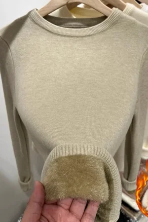 2026 Autumn Winter O-neck Knitted Pullover Women Solid Thicken Sweaters Loose Warm Long Sleeve Casual Fleece Lined Soft Pullover
