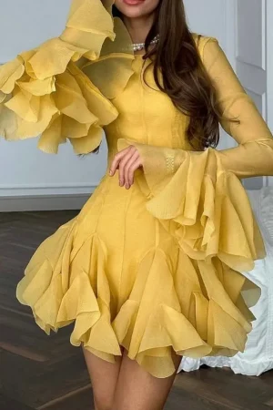 2025 Summer Women's Elegant Multi-Layered Ruffled Hem Mini Dresses Lady Sweet French Style Long Flare Sleeve Slim Fit Puffy Robe