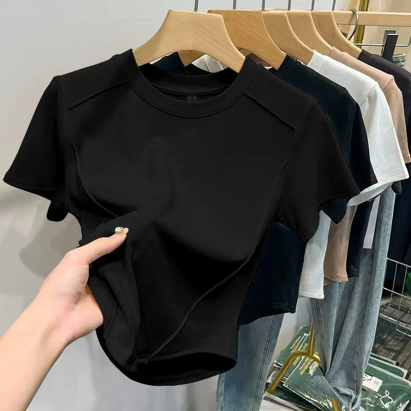 2026 Summer White T-shirt Cotton Female Short-sleeved Student Versatile Slim T-shirt Harajuku Crop Top Trend - Image 4