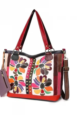 Women's Genuine Leather Crossbody Bag with Colorful Flower Pattern Retro Rivet Lock Hand-held Shoulder Bag Stylish Stitching