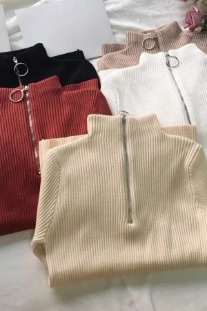 Autumn Winter Turtleneck Women Sweater Long Sleeve Zipper Neckline Knitted Pullover Female Sweater Slim Basic Knitted Jumpers