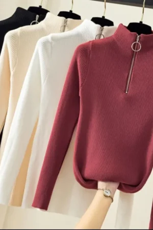 Knitted Women Zipper Half High Neck Sweater Pullovers Autumn Winter Basic Women Sweaters Slim Solid Knitwear Pull Femme Tops