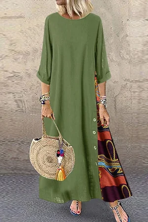 Cotton Linen Vintage Long Dresses Women Three Quarter Sleeves Splicing Print Loose A-line Dress Fashion Casual Lady Maxi Vestido