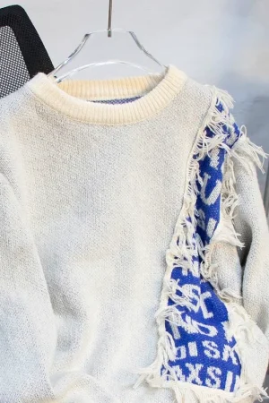 Raw Edge Patchwork Sweater Design, Trendy Brand Loose Pullover Top