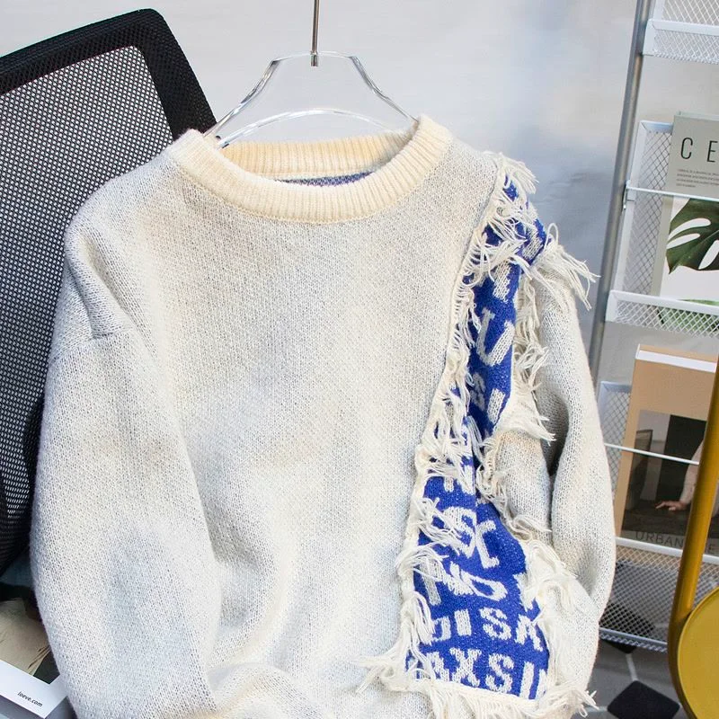 Raw Edge Patchwork Sweater Design, Trendy Brand Loose Pullover Top