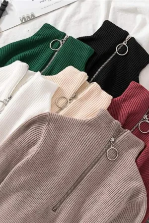 Women Fashion Solid Knitted Sweaters Vintage Long Sleeve Zip-up Basic Half Turtleneck Sweater Female Pullovers Chic Casual Tops