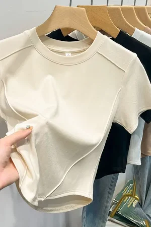 2026 Summer White T-shirt Cotton Female Short-sleeved Student Versatile Slim T-shirt Harajuku Crop Top Trend