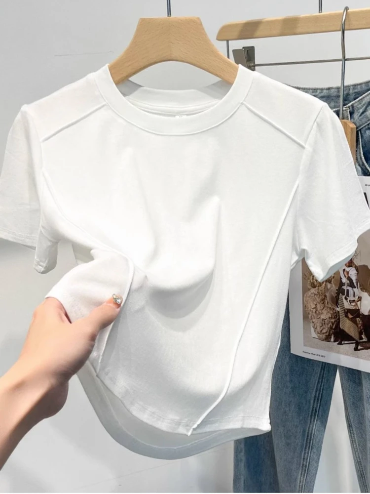 2026 Summer White T-shirt Cotton Female Short-sleeved Student Versatile Slim T-shirt Harajuku Crop Top Trend - Image 3