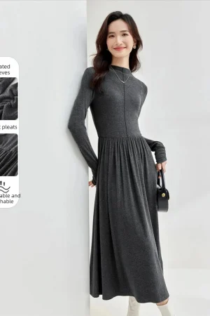 SENTUBILA Women's Dress 2025 Winter Retract Waist Half High Neck Shirring Knitted Long Dresses Elegant Woman Clothes 154LG3633X