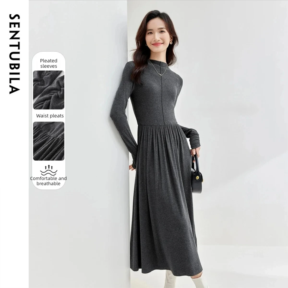 SENTUBILA Women's Dress 2025 Winter Retract Waist Half High Neck Shirring Knitted Long Dresses Elegant Woman Clothes 154LG3633X