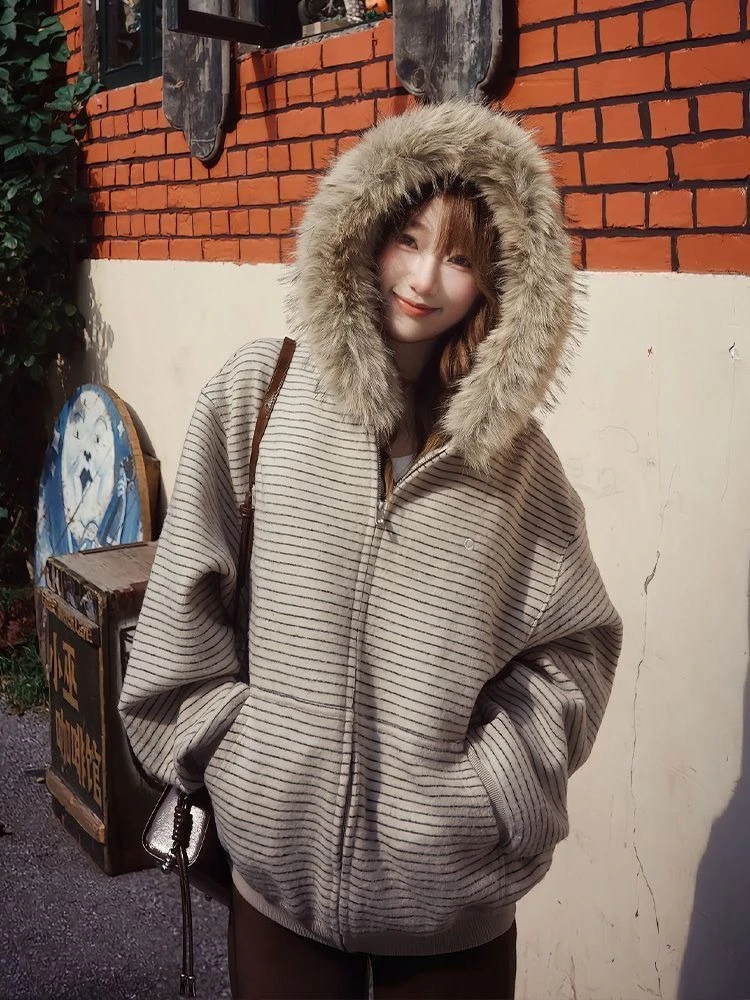 American Vintage Long Sleeve Hoodie Women Harajuku Casual Striped Sweatshirt Zipper Streetwear Faux Fur Sweet 2025 Autumn - Image 2