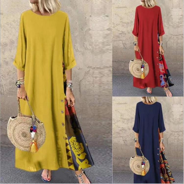 Cotton Linen Vintage Long Dresses Women Three Quarter Sleeves Splicing Print Loose A-line Dress Fashion Casual Lady Maxi Vestido - Image 6