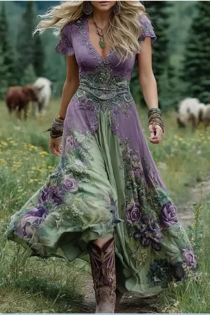 Mujer Ethnic Floral Print Patchwork Vintage Dresses Woman Sexy Deep V Neck A-Line Long Dress Summer Short Sleeve Boho Maxi Dress