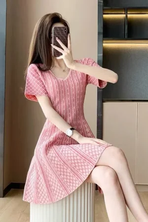 Summer Korean Fashion Plaid V-neck Short Sleeve Mini Dress Femme Sweet Loose Pullover Elastic Waist Princess Dress Women Clothes