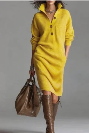 Autumn Fashion Knitted Button Lapel Women Dress Casual Loose Pocket Lazy Straight Over The Knee Long Sleeve Sweater FemaleDress
