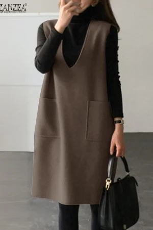 ZANZEA Winter Solid Dress Vintage Women Corduroy Dress Casual Loose Sleeveless Apron Dress Holiday Sleeveless Oversize Robe