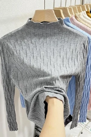 2026 Slim Fit Knitted Base Pullovers Autumn Winter Turtleneck Sweater Women's Solid Long Sleeve Casual Ruched Sweater