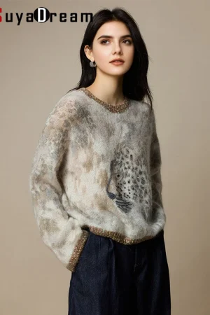 SuyaDream, Woman Mohair Pullovers, Wool Blend Printed Sweaters, Round Collar, 2025 Fall Winter Fashionable Top, Cat Pattern