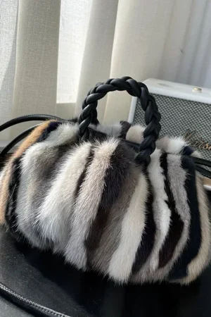 Natural Mink Fur Bag for Women Leather Handbag Plush Casual Lady Handbag Winter Shoulder Bag Fashion Exquisite Shopping Bag