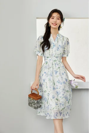 VIMLY Elegant Floral Dress for Woman 2025 Autumn Flower Print Long Dresses Stand Collar Knee-Length French Tea Dress Woman V7983