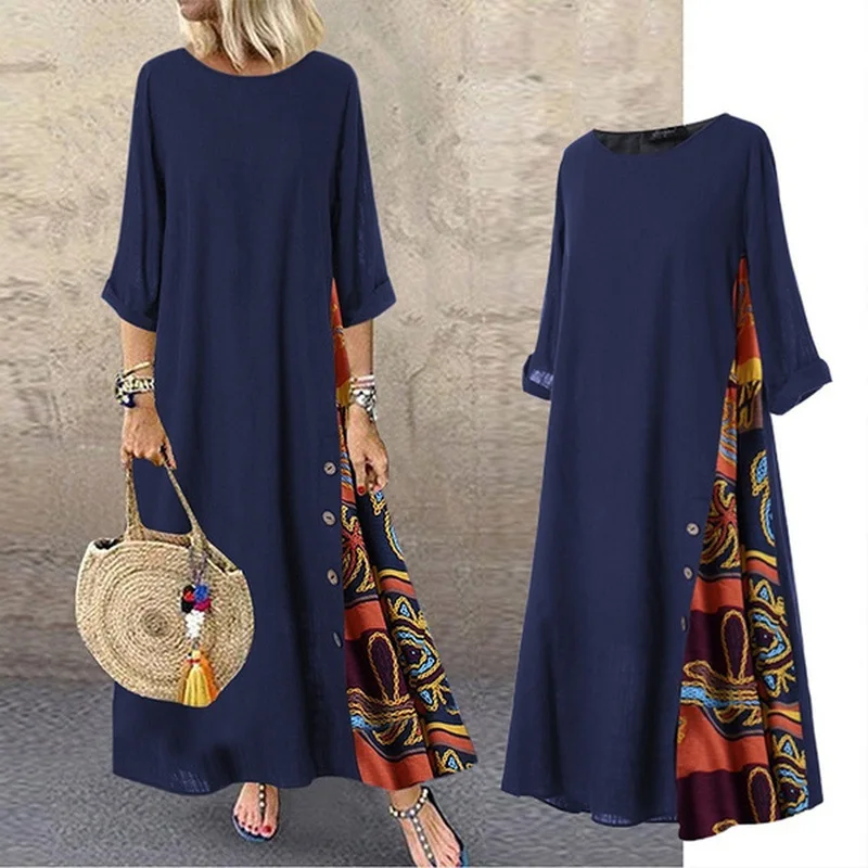 Cotton Linen Vintage Long Dresses Women Three Quarter Sleeves Splicing Print Loose A-line Dress Fashion Casual Lady Maxi Vestido - Image 2