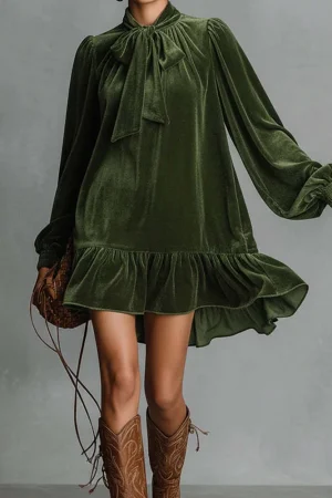 Ruffles Patchwork Loose Sweet Mini Dress, Women Autumn Winter Long Sleeve Chic Party Dress, Solid Lace-Up Fashion Ladies Dress