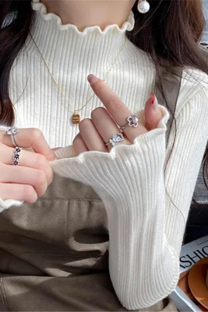 Autumn Winter Turtleneck Knitted Pullovers 2026 Women Long Sleeve Soft Tops Casual Versatile Ruched Sweater Slim Base Layer Top