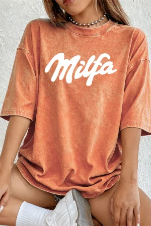 Milfa Purple Art Letter Printing Washed T-Shirts Womens Cotton Short Sleeve Tops Street O-Neck Oversize T Shirt Summer Clothes