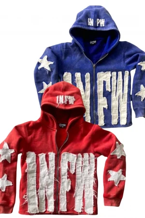 INFW fall jackets for Womens loose fit Fleece Jacket American Retro Red zip up Hoodie Street Hip-Hop Style Jacket Unisex