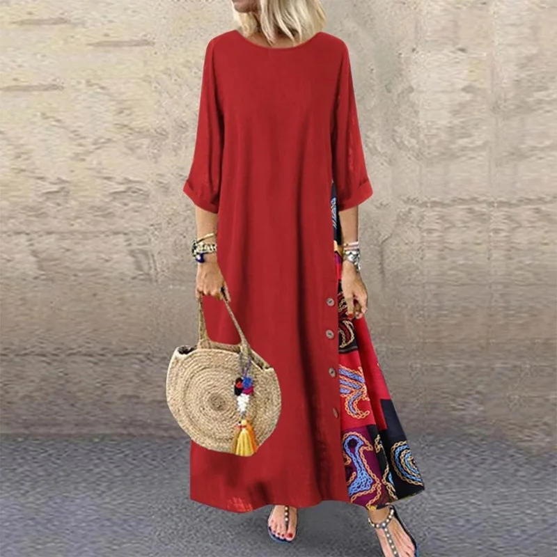 Cotton Linen Vintage Long Dresses Women Three Quarter Sleeves Splicing Print Loose A-line Dress Fashion Casual Lady Maxi Vestido - Image 3