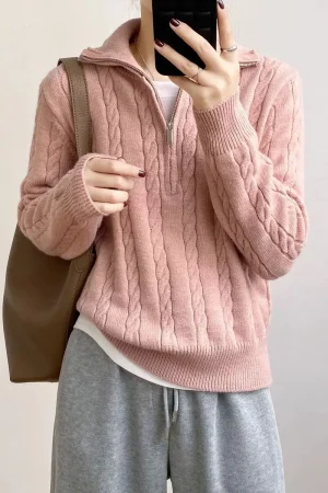 Vintage Cable Knit Half Zip Sweater Women Autumn Winter Thick Lapel Loose Fit Versatile Long Sleeve Cozy Casual Pullover Top